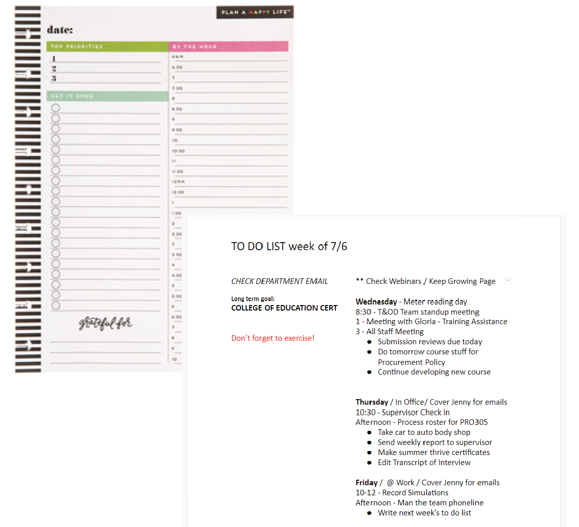 An example of a blank daily planner page next to a typed weekly to-do list categorizing tasks by day.