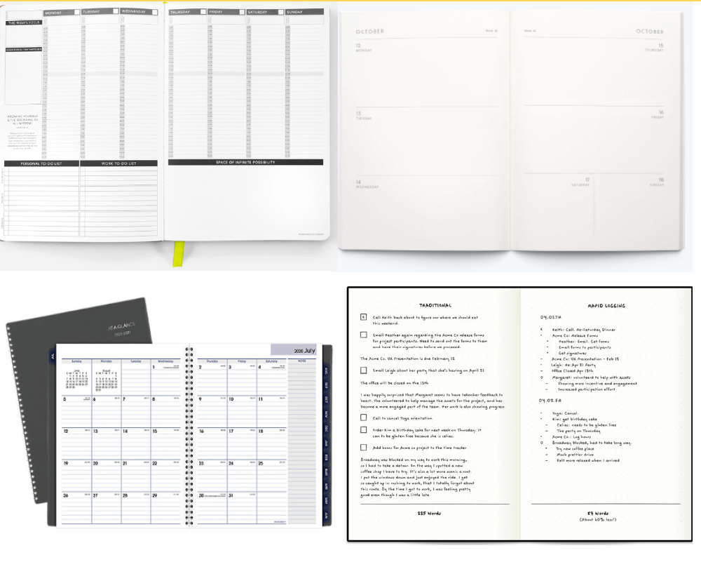 A collage showing four different styles of open planners, including traditional weekly, monthly, and dotted bullet-journal layouts.